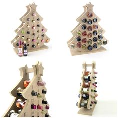 four different types of wine racks with bottles in them and one is shaped like a christmas tree