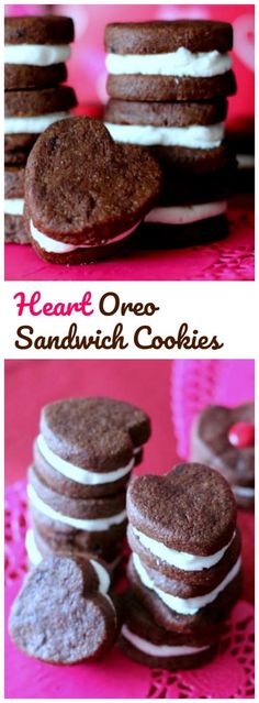 heart - shaped oreo sandwich cookies are stacked on top of each other with white frosting