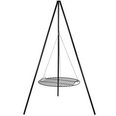 a black and white drawing of a round metal object on a tripod stand with two legs