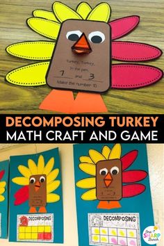 a turkey themed math craft and game for kids to practice decomposing turkeys