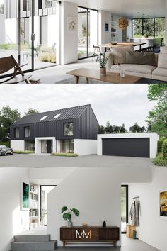 two pictures show the inside and outside of a house