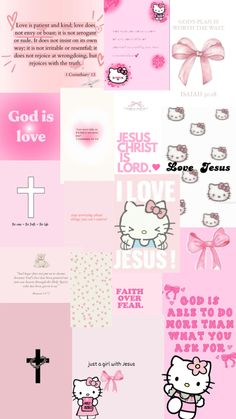 a bunch of pink and white pictures with hello kitty on it's back side