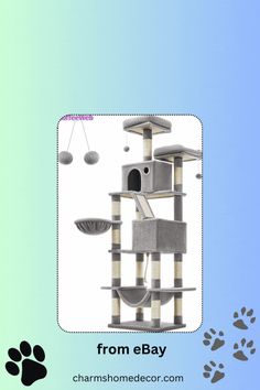 the cat tree is in front of a blue background with paw prints and an image of a