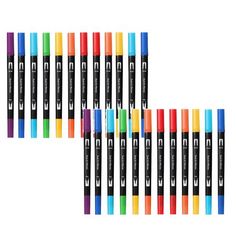 six different colored markers are lined up in rows