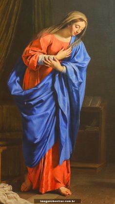 a painting of a woman in an orange and blue dress with her hands on her chest