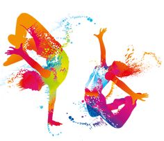 two people are dancing with colored paint splatters on their body and arms in the air