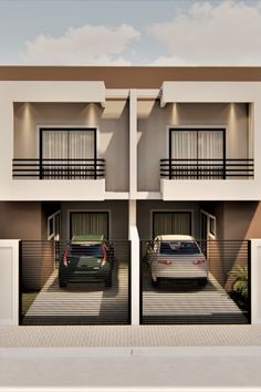 two cars are parked in front of an apartment building with balconies on the second floor