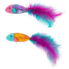 two colorful toy fish with feathers on white background