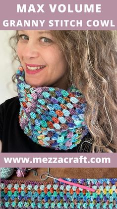 woman with long wavy hair wears multi-coloured striped crochet cowl Hand Dyed Yarn Crochet Patterns, Mini Skein Projects, Sock Yarn Crochet, Crochet Modern, Crochet Granny Stitch, Max Volume