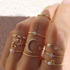 New! Bohemian Fashion Star Moon Love Pearl Leaf 10-Piece Ring was just added to eBay. Check it out! #eBay #eBaySeller Slytherin Accessories, Rings Set For Women, قلادات متدلية, Bohemian Jewellery, Gold Color Ring, Knuckle Ring, Trendy Ring, Gold Ring Sets, Bohemian Rings