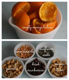 oranges, nuts and cranberries in white bowls with the words empty orange halves