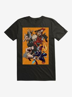 an image of some cartoon characters on a t - shirt that is black and orange