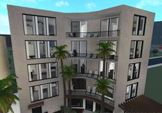 an apartment building with balconies and palm trees