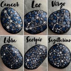 four pictures showing the steps to paint rocks with different designs and words on them, including letters