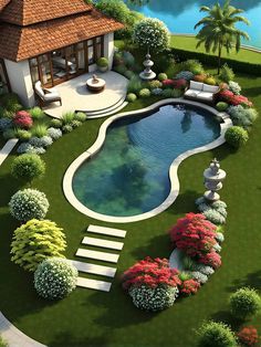 this is an artist's rendering of a pool in the middle of a garden