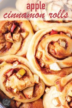 apple cinnamon rolls in a pan with text overlay