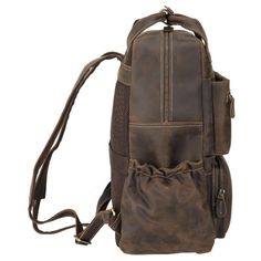 ITEM OVERVIEW  The brown leather backpack is made of top layer full grain leather and YKK zippers, sturdy and durable, which can keep your belongings well; This classic design leather backpack has a laptop compartment fits your 15.6" laptop, main compartment up to fit your 17.3" laptop, multi pockets allows you easily carry your wallet, clothes, camera, cell phone and other items. This vintage backpack can meet your needs of travel, work and daily life. 
     This vintage leather backpack with trolley sleeve came with laptop protection and added organization in a modern silhouette.Travel with ease atop rolling luggage with the integrated trolley strap.     ITEM FEATURES  - 1 x Main Compartment 
- 2 x Front Zipper Pockets 
- 1 x Laptop Compartment 
- 1 x Interior Zipper Pocket 
- 2 x Slot P Male Vintage Fashion, Vintage Leather Backpack, Leather Laptop Backpack, Brown Leather Backpack, Vintage Backpacks, Travel Work, Leather Coin Purse, Leather Laptop, Mens Vintage