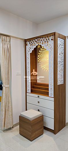 Pujaghar Design, Pooja Room Wardrobe Design, Puja Tall Unit Design, Temple In Bedroom Ideas, Mandir For Living Room, Pooja Wardrobe Design, Temple Home Puja Room, Devhara In Living Room, Mandir Design Small With Door