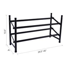 a black metal shelf with two shelves on each side and measurements for the top section