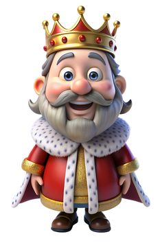 a cartoon character wearing a crown and standing with his hands in his pockets, smiling