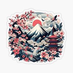 Pegatina con la obra «Cultura japonesa con elementos como sakuras (flores de cerezo), montañas y un estilo de arte tradicional» de Glowy Mind | Redbubble