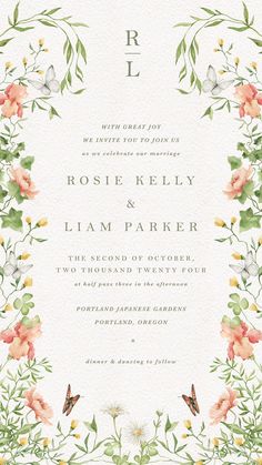 a wedding card with flowers and butterflies in the middle, on top of a white background