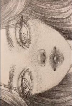 a pencil drawing of a woman's face with long hair and eyes closed to the side