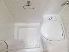 a white toilet sitting next to a walk in shower