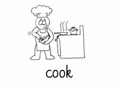 a black and white drawing of a cartoon character cooking food on the stove, with the word cook above it