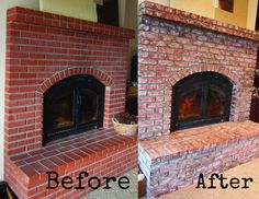 before and after pictures of a brick fireplace