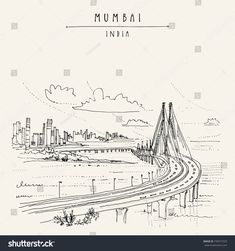 the mumbai skyline in india hand drawn sketch on white paper with cityscape background