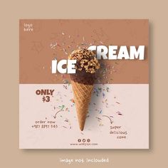 an ice cream poster with sprinkles and chocolate in the cone on a beige background