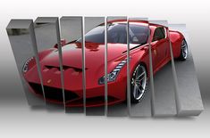 a red sports car is seen through bars in this graphic art work, it appears to have been cut out