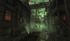 an animated image of a man walking down a dark alley way in a town with lots of buildings