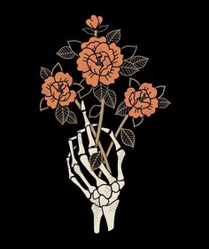 a skeleton hand holding flowers in it's palm on a black background with leaves