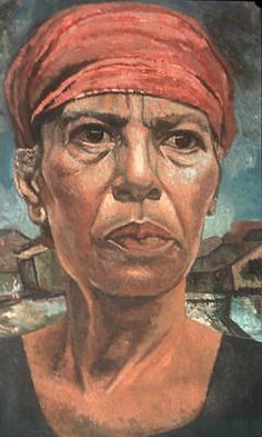 a painting of a woman with a red bandana on her head and houses in the background