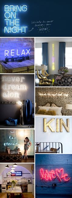 a collage of photos with the words relax and neon lights above them in different colors