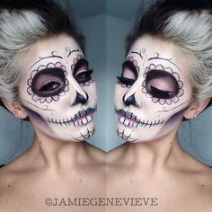 Day of the dead sugar skull makeup -- did this last Halloween! Such an awesome design, very easy too. =) Makijaż Sugar Skull, Sugar Skull Makeup Tutorial, Skull Makeup Tutorial, Jamie Genevieve, Halloween Makeup Sugar Skull