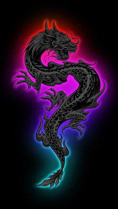 a black dragon with purple and blue colors