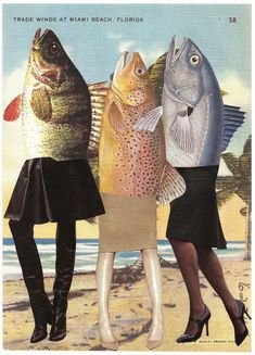 three women are standing on the beach with fish in their hands and one is wearing high heeled shoes