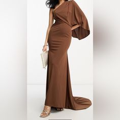 Super Cute Brown Maxi Dress From Asos. Works Perfectly For Formal Events Like Weddings, Proms, Dinners, Etc. Brown One-shoulder Maxi Dress For Party, Elegant One Shoulder Brown Maxi Dress, Chic Brown One Shoulder Maxi Dress, Brown Off-shoulder Evening Dress, Brown Gown Dress, Brown Gown, Brown Dresses Formal, Brown Maxi Dress, Dresses Brown