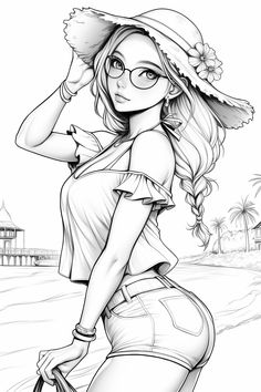 a drawing of a girl with a hat and glasses on her head, holding a suitcase