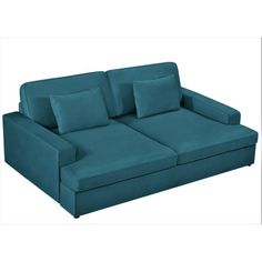 a blue couch sitting on top of a white floor