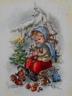 a painting of a child on a sleigh with christmas decorations