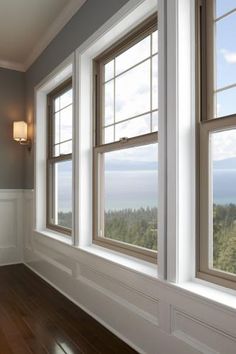 three windows in a room with wood floors and white trim on the walls, along with an ocean view