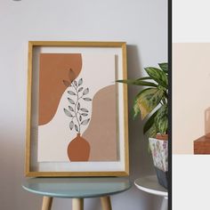 two pictures one with a potted plant and the other with a framed art piece