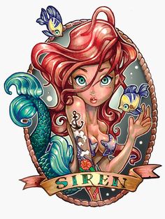 a drawing of a mermaid with an octopus and fish on it's back, in front of a sign that says siren