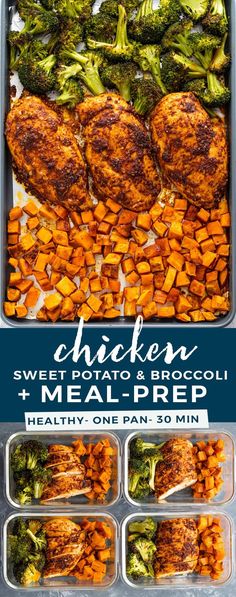 chicken, broccoli and sweet potato meal prepped in the freezer with text overlay