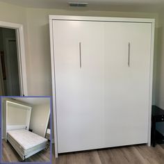 a bedroom with a white closet and bed