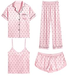 PRICES MAY VARY. 【Premium Material】--- This 4 piece pajama set is made of high-quality satin(95% Polyester, 5% Spandex), which is very soft, lightweight, and comfortable. This lightweight pajama set has a silky texture that will make you feel smooth and shiny, never pilling or fading, and help you sleep well, dreamlike. 【4Pcs Pajama Set】--- Women 4 pcs pjs sets include spaghetti strap cami top, a button-down short sleeve sleepshirt, a pair of shorts, a pair of long pants. This four-piece sets fo Amazon Silk Pajamas, Pink Satin Pajama Set, Pajama Set Amazon, Cute Pink Pjs, Pajama Set Aesthetic, Girly Pjs, Pajamas Preppy, Girly Pajamas, Cute Pajamas For Women